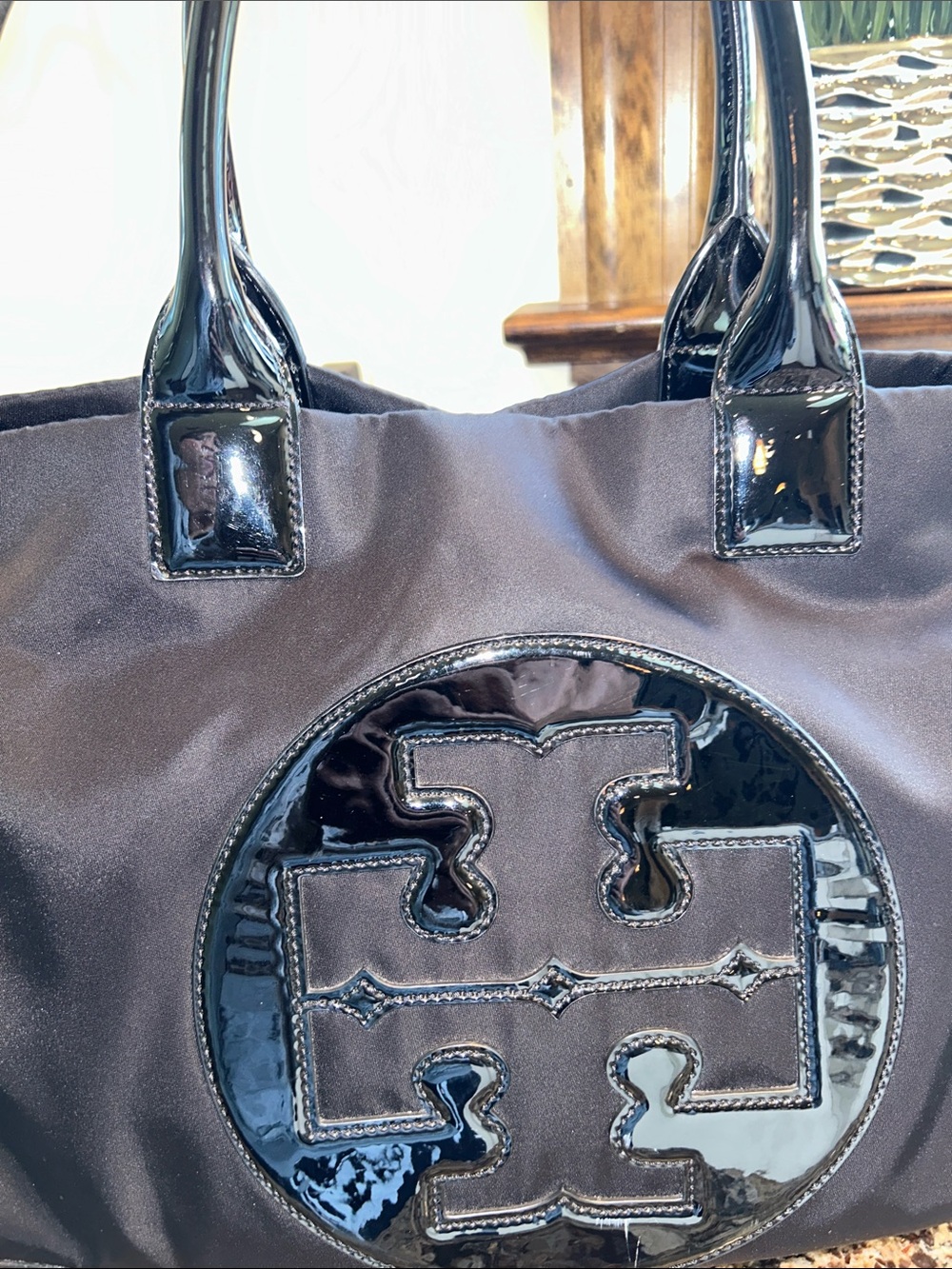 Tory Burch Black Nylon Tote with Patent Logo Detail - Picture 4 of 16